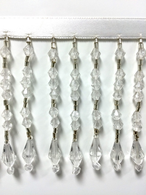 White & Silver CRYSTAL BEADED FRINGE TRIM 2.75" Width CBF-20/1 Upholstery / Interior Design
