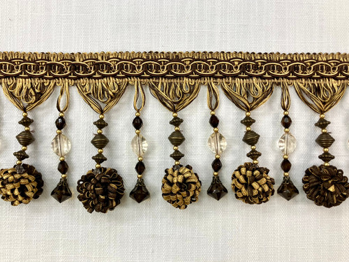 BROWN & ANTIQUE GOLD POM POM and CRYSTAL TASSEL FRINGE Trim 4.5" Width TF-45/8-12 Interior Design / Home Furnishing