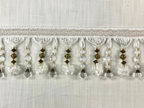 WHITE POM POM CRYSTAL TASSEL FRINGE TRIM 4.5" WIDTH TF-45/1 UPHOLSTERY / DRAPERY / INTERIOR DESIGN / HOME FURNISHING  