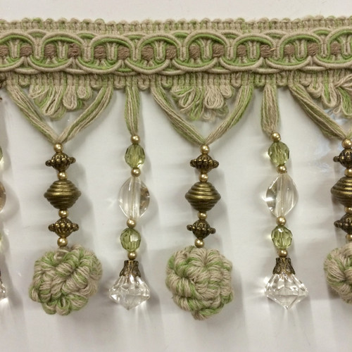 4.5" (LINEN) POM POM CRYSTAL TASSEL FRINGE-45-L/6-14     DARK TAN & LIGHT GREEN