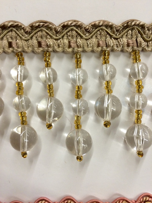  BEIGE,CLEAR & GOLD CRYSTAL BEADED TASSEL FRINGE 2.5" Width TF-49/3-1  