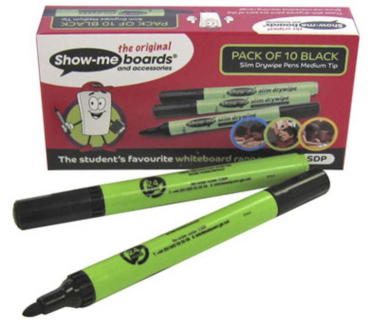 SHOW-ME DRYWIPE PENS MEDIUM TIP, BOX 10 (BLACK)