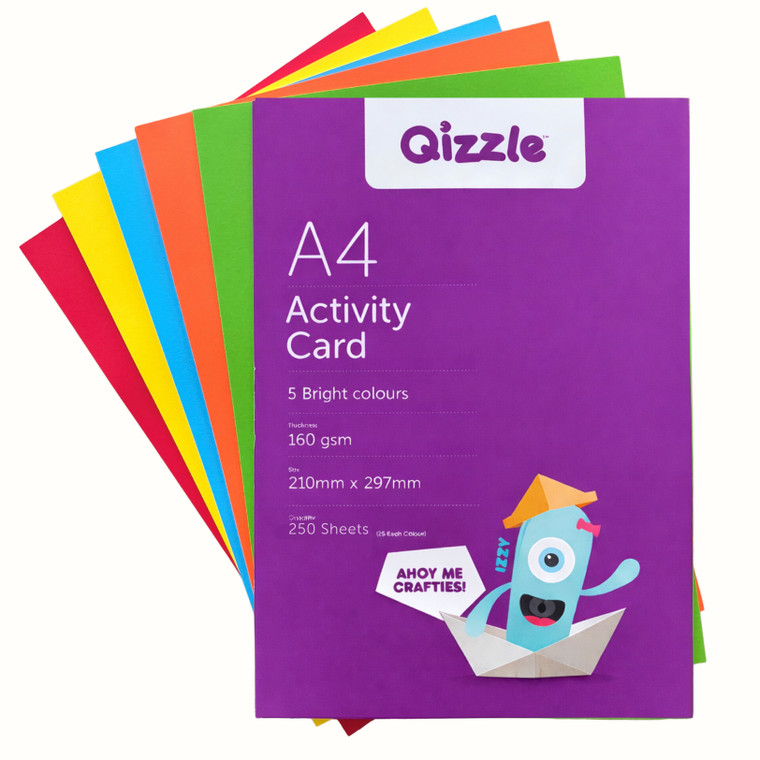 A4 QIZZLE BRIGHT COLOURED CARD PACK 160GSM, 250 SHEETS