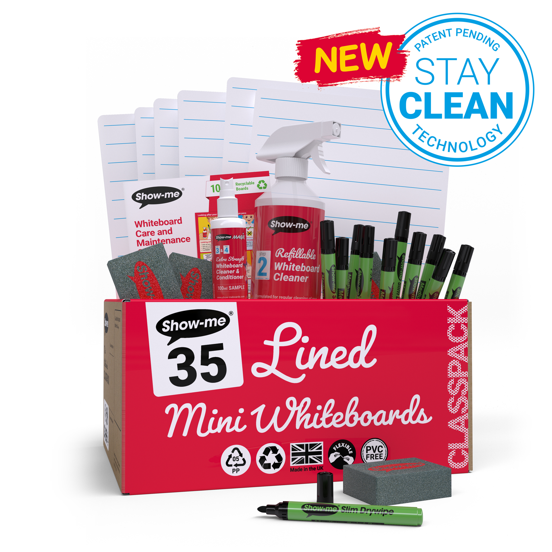 SHOW-ME LINED MINI WHITEBOARDS, CLASSPACK OF 35