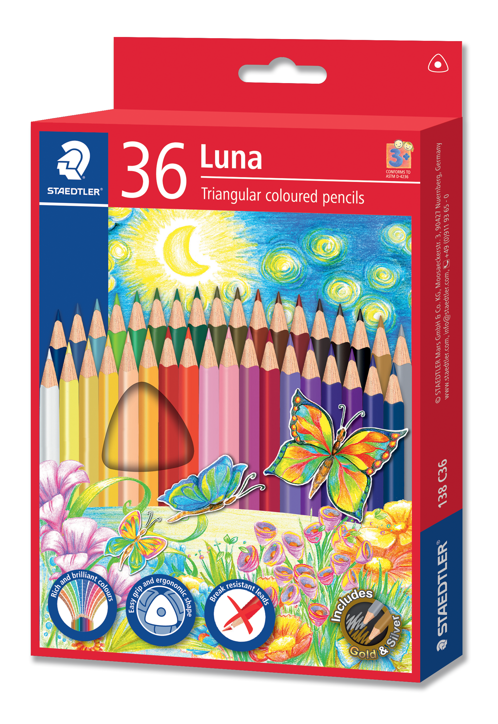 STAEDTLER LUNA TRIANGULAR COLOURED PENCILS, PKT 36