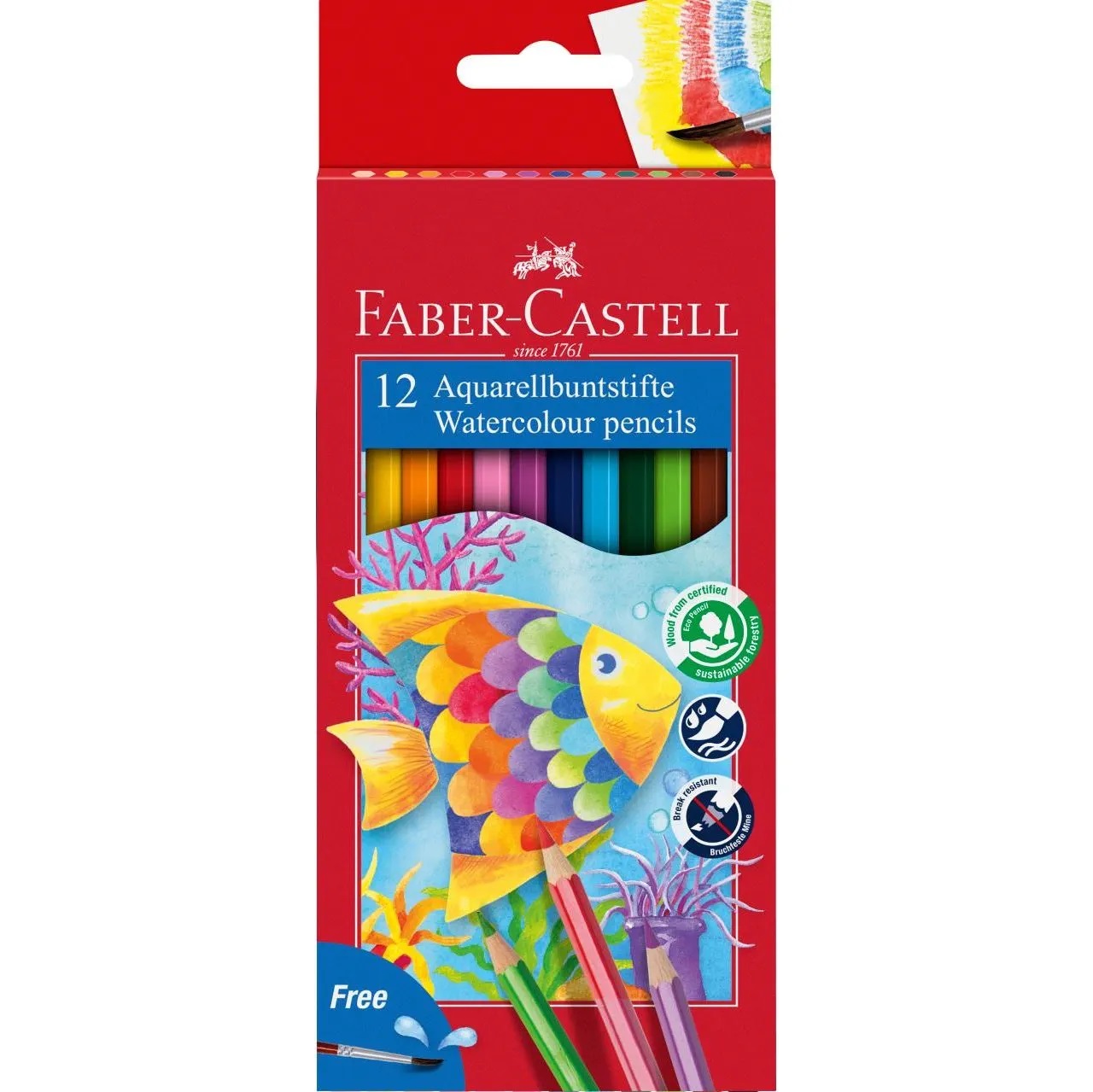 FABER CASTELL WATER-COLOURED PENCILS, BOX OF 12