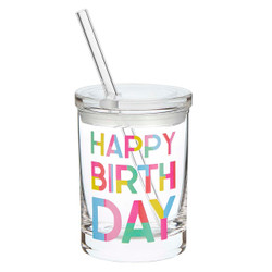 Glass DOF with Lid and Straw - Happy Birthday Block