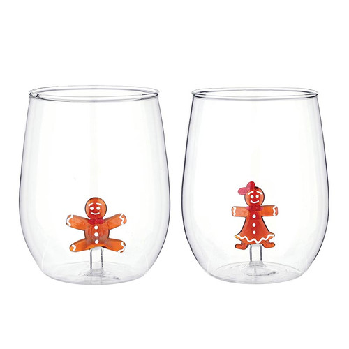 Figurine Stemless Wine Glass Set - Gingerbreads