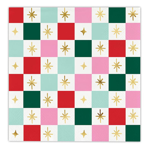 Foil Beverage Napkins - Holiday Checkerboard - 20ct