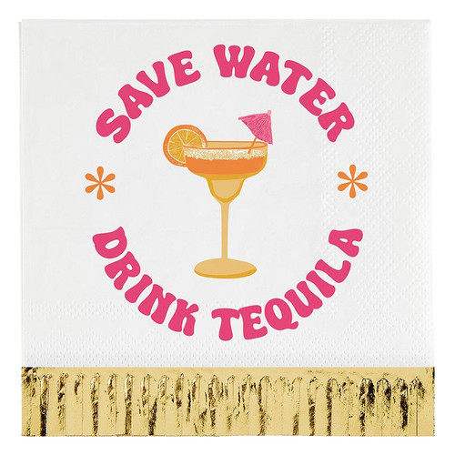 Foil Fringe Beverage Napkins - Save Water Drink Tequila - 20ct