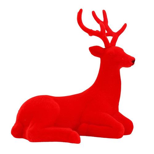 11.75" Sitting Flocked Deer - Red