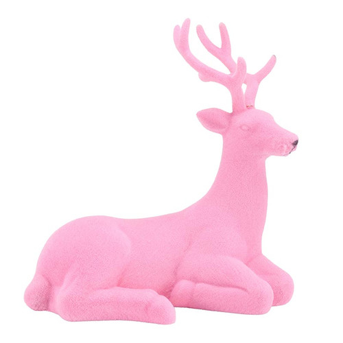 11.75" Sitting Flocked Deer - Pink