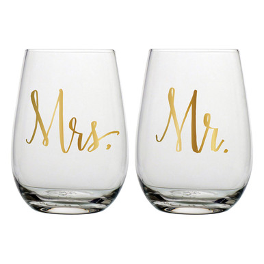 Wine Glasses - Stemless Wine Glasses Set of 2 Crystal Mr Mrs Wine