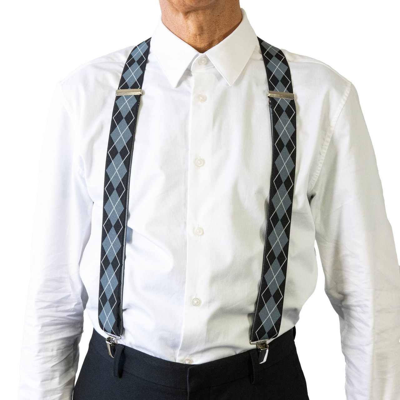 BRACES. X-Back with Nickel Clips. Argyle Print. Black. 35mm width.