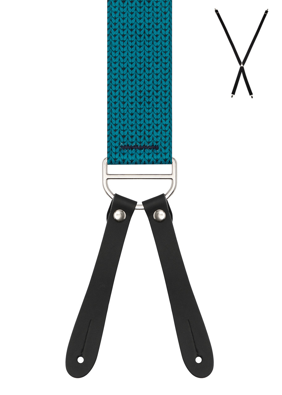 BRACES. X-Back with Leather Ends. Teardrop Print. Teal. 35mm width.