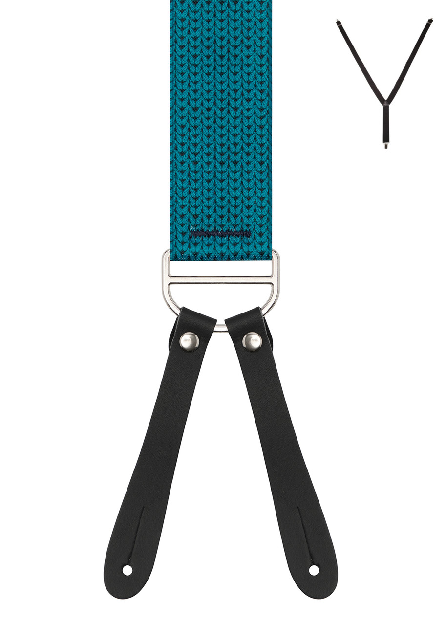 BRACES. Y-Back with Leather Ends. Teardrop Print. Teal. 35mm width.