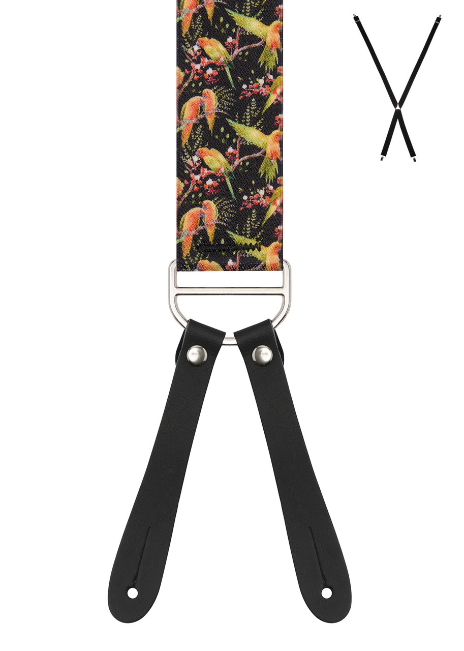 BRACES. X-Back with Leather Ends. Parrot Print. Black. 35mm width.