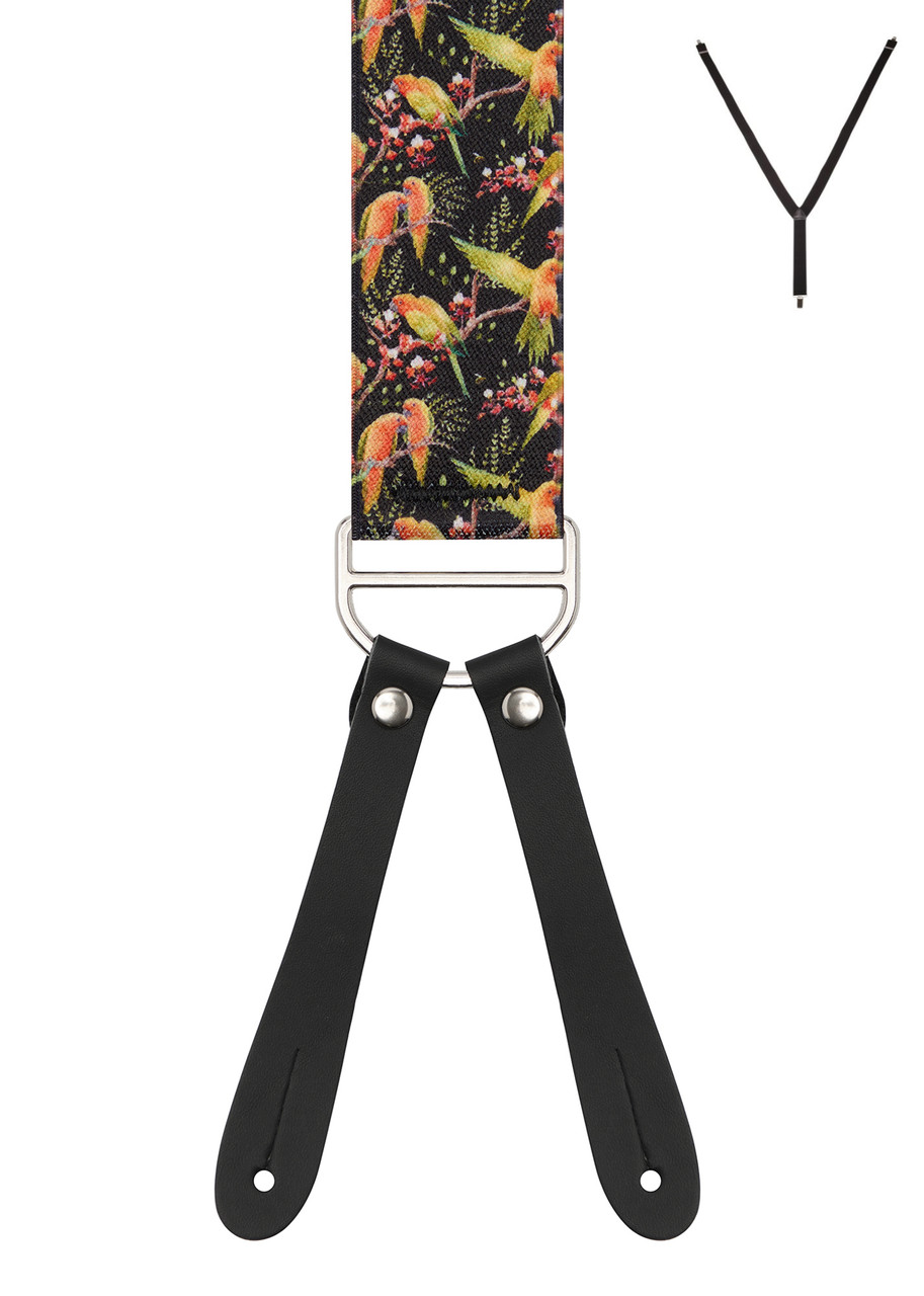 BRACES. Y-Back with Leather Ends. Parrot Print. Black. 35mm width.