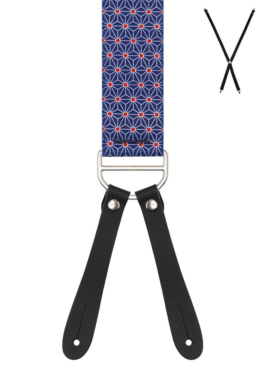 BRACES. X-Back with Leather Ends. Triangular Print. Navy. 35mm width.