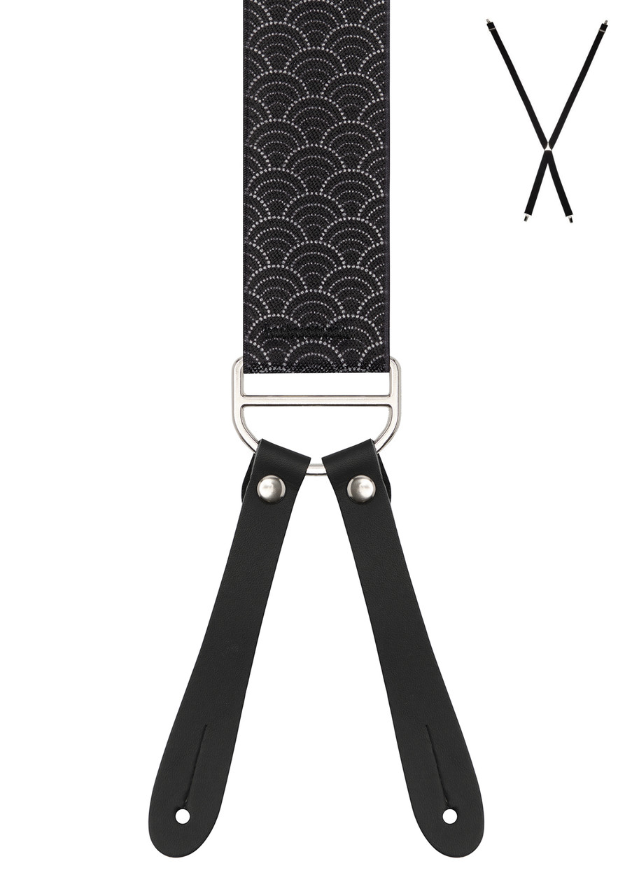 BRACES. X-Back with Leather Ends. Moon Dot Print. Black. 35mm width.