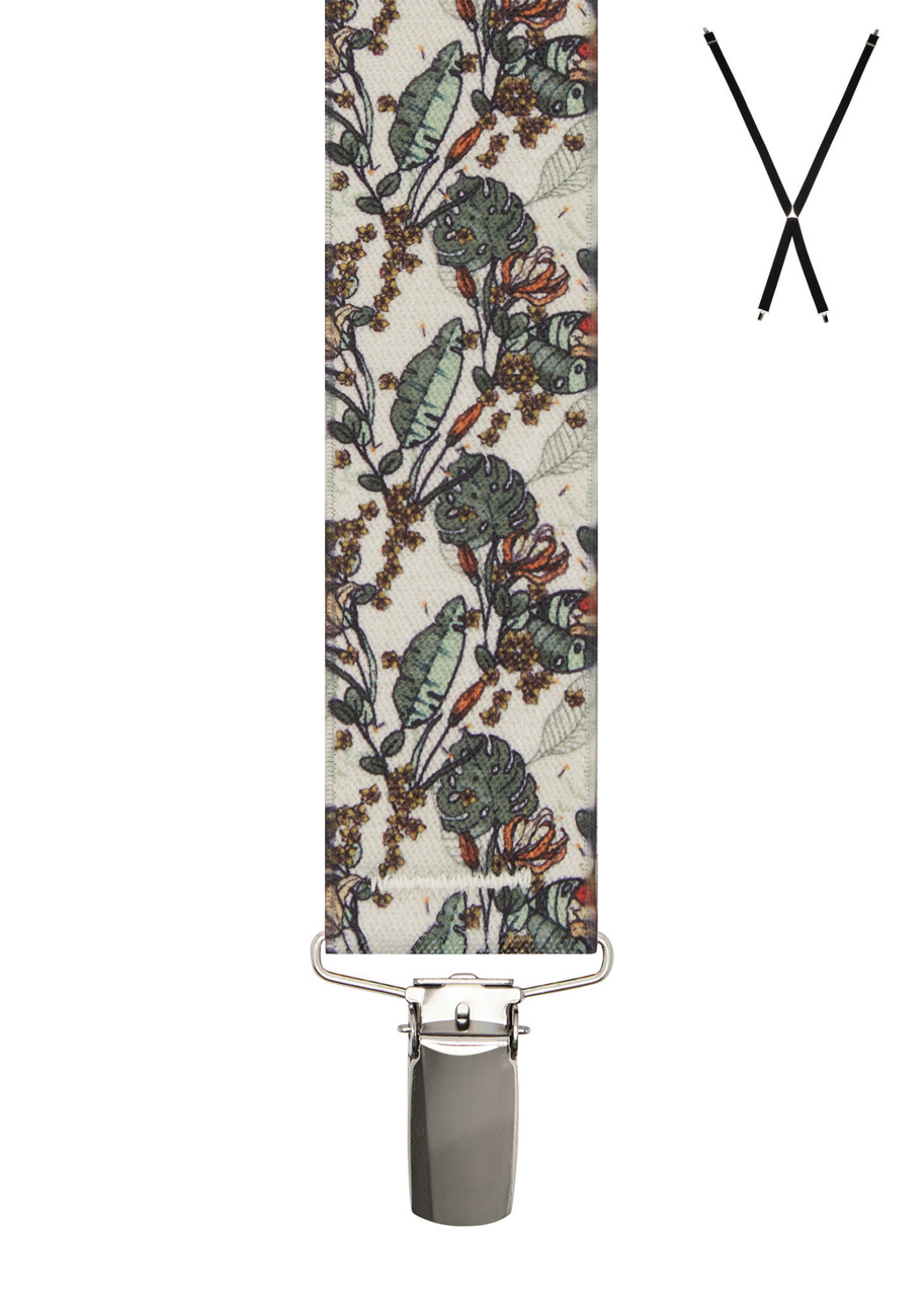 BRACES. X-Back with Nickel Clips. Tropical Print. Beige. 35mm width.
