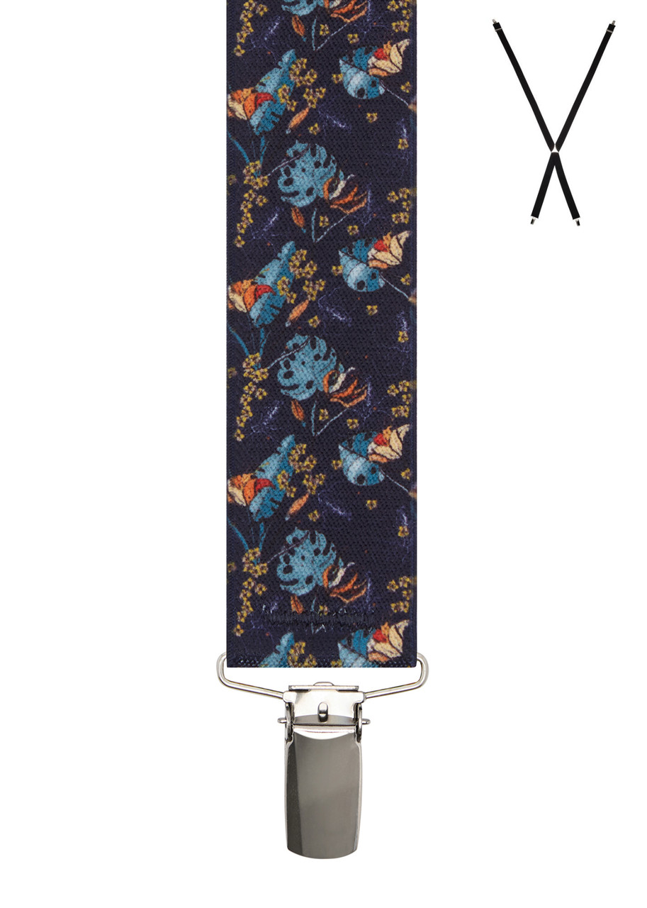 BRACES. X-Back with Nickel Clips. Tropical Print. Navy. 35mm width.