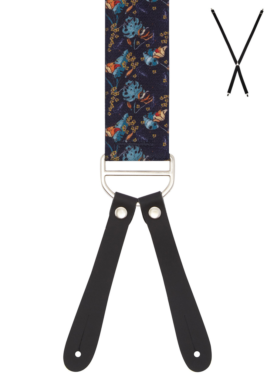 BRACES. X-Back with Leather Ends. Tropical Print. Navy. 35mm width.