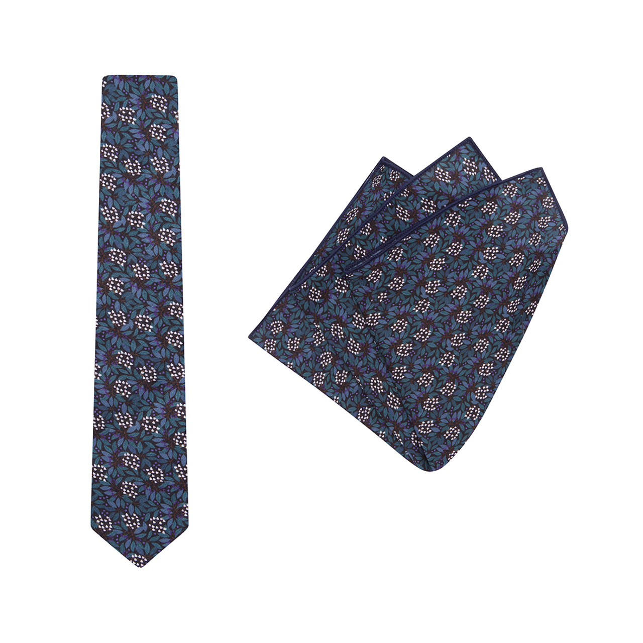 TIE + POCKET SQUARE SET. Jocelyn Proust Small Flower Print. Navy/Green. Supplied with matching pocket square.