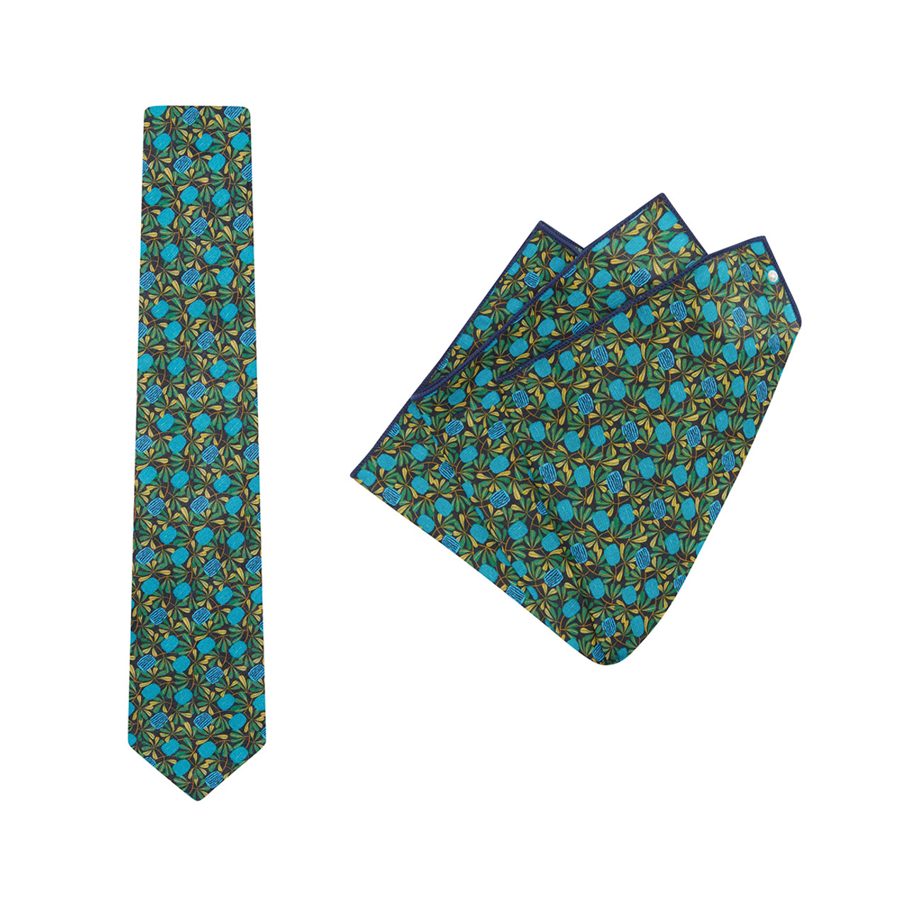 TIE + POCKET SQUARE SET. Jocelyn Proust Coastal Banksia Print. Navy/Aqua. Supplied with matching pocket square.