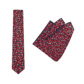 TIE + POCKET SQUARE SET. Jocelyn Proust Gum Blossom Print. Red/Navy. Supplied with matching pocket square.