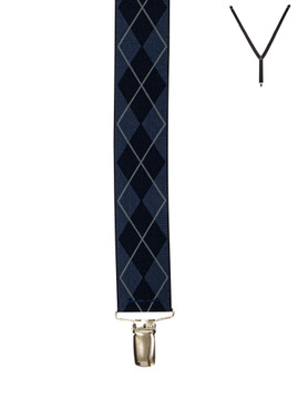 BRACES. Y-Back with Nickel Clips. Argyle Print. Navy. 35mm width. BRACES. Y-Back with Nickel Clips. Argyle Print. Navy. 35mm width.