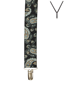 BRACES. Y-Back with Nickel Clips. Paisley Print. Black. 35mm width. BRACES. Y-Back with Nickel Clips. Paisley Print. Black. 35mm width.