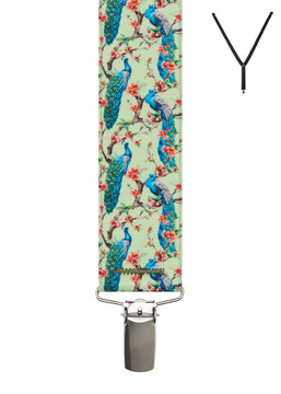 BRACES. Y-Back with Nickel Clips. Peacock Print. Green. 35mm width. BRACES. Y-Back with Nickel Clips. Peacock Print. Green. 35mm width.