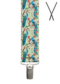 BRACES. X-Back with Nickel Clips. Peacock Print. Green. 35mm width. BRACES. X-Back with Nickel Clips. Peacock Print. Green. 35mm width.