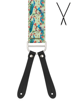 BRACES. X-Back with Leather Ends. Peacock Print. Green. 35mm width. BRACES. X-Back with Leather Ends. Peacock Print. Green. 35mm width.