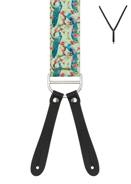 BRACES. Y-Back with Leather Ends. Peacock Print. Green. 35mm width. BRACES. Y-Back with Leather Ends. Peacock Print. Green. 35mm width.