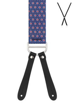 BRACES. X-Back with Leather Ends. Triangular Print. Navy. 35mm width. BRACES. X-Back with Leather Ends. Triangular Print. Navy. 35mm width.