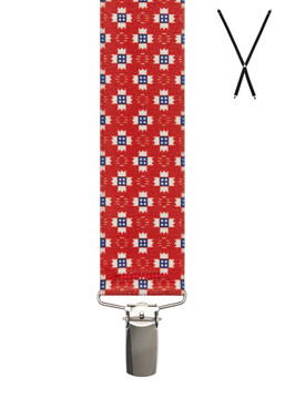 BRACES. X-Back with Nickel Clips. Window Print. Red. 35mm width. BRACES. X-Back with Nickel Clips. Window Print. Red. 35mm width.