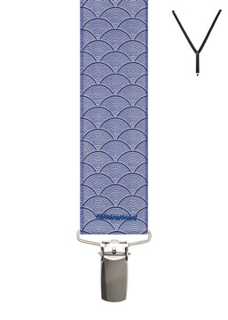 BRACES. Y-Back with Nickel Clips. Clamshell Print. Blue. 35mm width. BRACES. Y-Back with Nickel Clips. Clamshell Print. Blue. 35mm width.