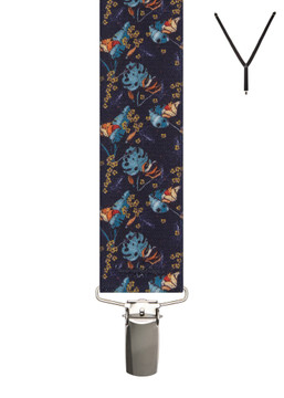 BRACES. Y-Back with Nickel Clips. Tropical Print. Navy. 35mm width. BRACES. Y-Back with Nickel Clips. Tropical Print. Navy. 35mm width.