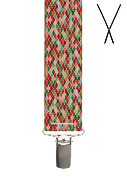 BRACES. X-Back with Nickel Clips. Festive Diamond Print. 35mm width. BRACES. X-Back with Nickel Clips. Festive Diamond Print. 35mm width.