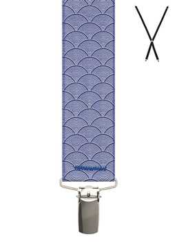 BRACES. X-Back with Nickel Clips. Clamshell Print. Blue. 35mm width. BRACES. X-Back with Nickel Clips. Clamshell Print. Blue. 35mm width.