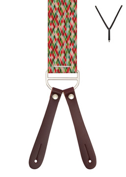 BRACES. Y-Back with Leather Ends. Festive Diamond Print. 35mm width. BRACES. Y-Back with Leather Ends. Festive Diamond Print. 35mm width.