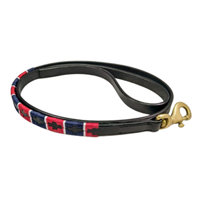 Black Leather Dog Lead  Red/Navy/White Stripe