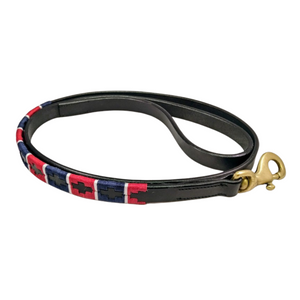 Black Leather Dog Lead  Red/Navy/White Stripe
