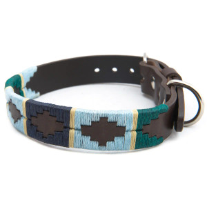 Dog Collar - Green/pale blue/navy/cream stripe Medium only (14"-18")