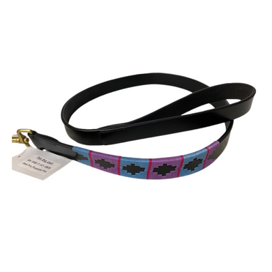 Black Leather Dog Lead Turquoise/Purple Hot Pink Stripe