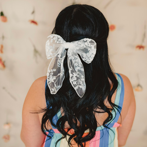 Embroidered Floral Lace Hair Bow - White