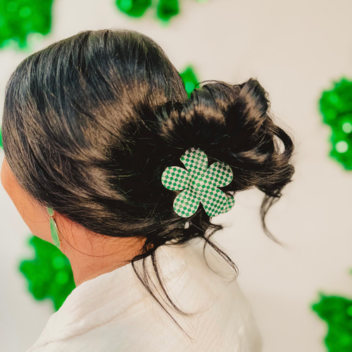 Checkered Flower Claw Clip - Green