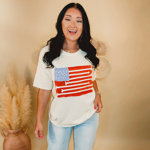 American Flag Embroidered Top - Ivory
